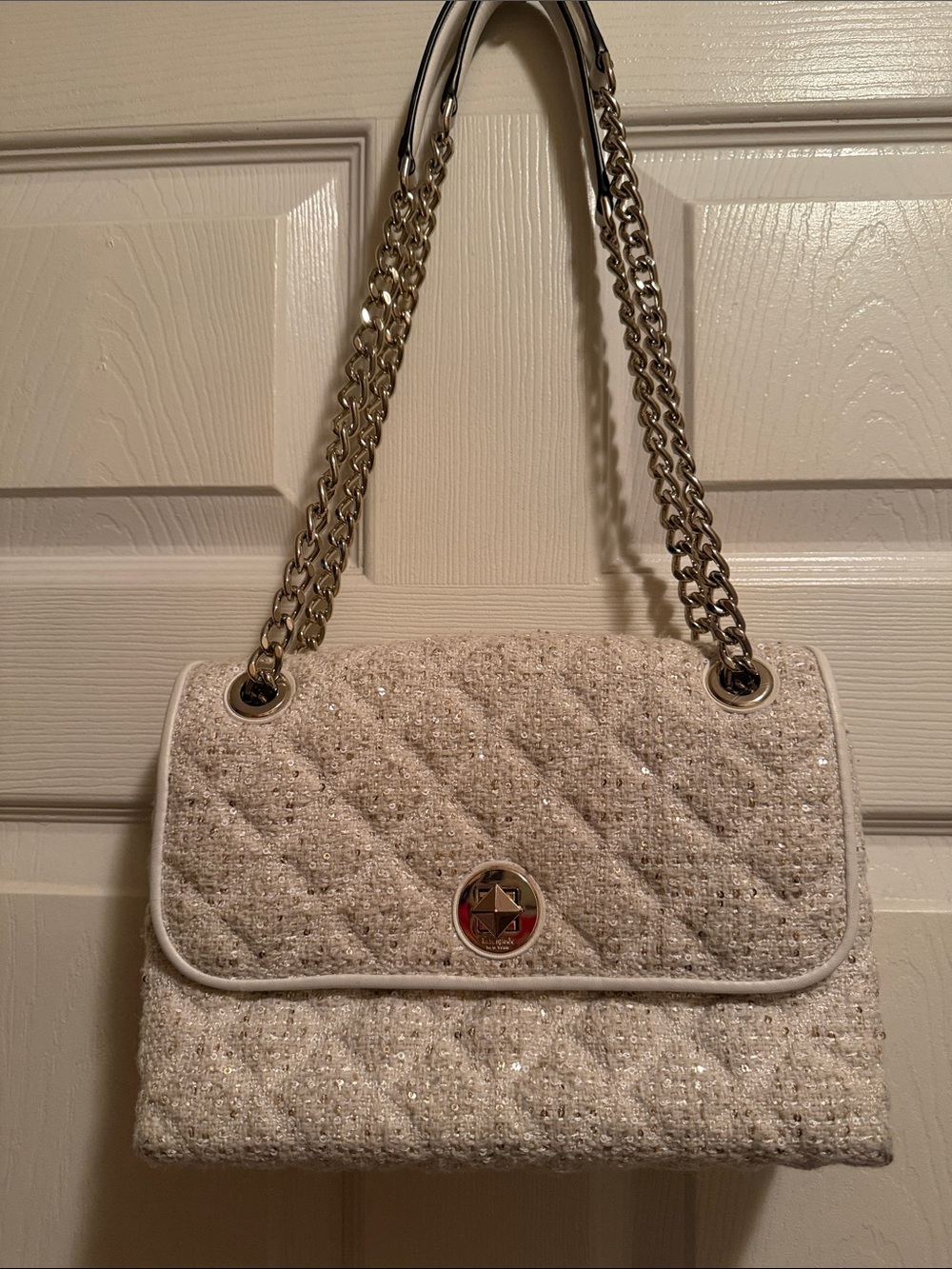 kate spade Cream Quilted Sequin Shoulder Bag with Chain Strap